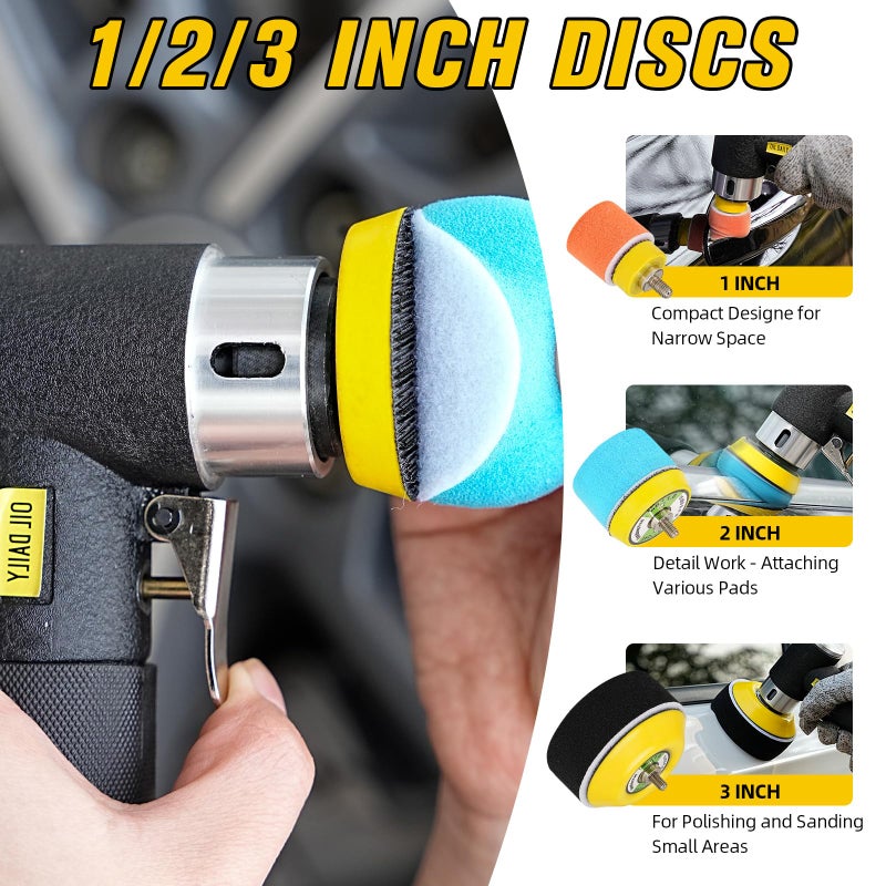 SI FANG 1'' 2'' 3'' Mini Random Orbital Air Sander Kit, High Speed Pneumatic DA Sanders Polisher for Auto Body Work, Includes 27Pcs 1/2/3in Polishing Sponge & Wool Pads, 15Pcs Sandpapers (Black) - Image 3
